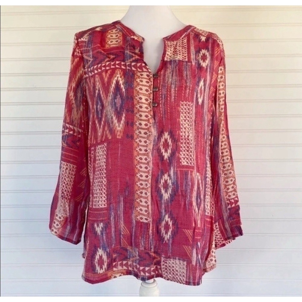 Como Vintage Pink Aztec Boho Print Tunic Blouse XL/14 Cottage Core Aztec Tribal